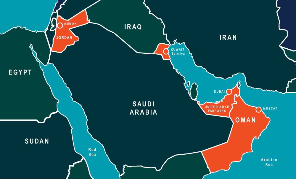 Spring 2023 Map, Dubai UAE, Muscat Oman, Kuwait KSA, and Amman Jordan